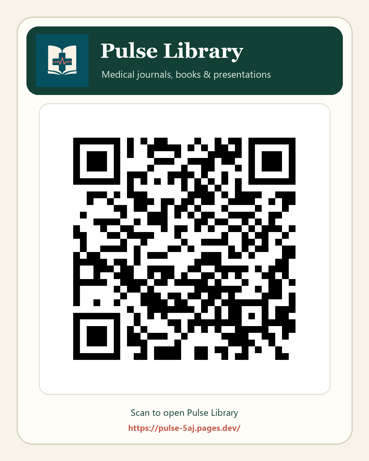 QR code for opening Pulse Library at https://pulse-5aj.pages.dev/